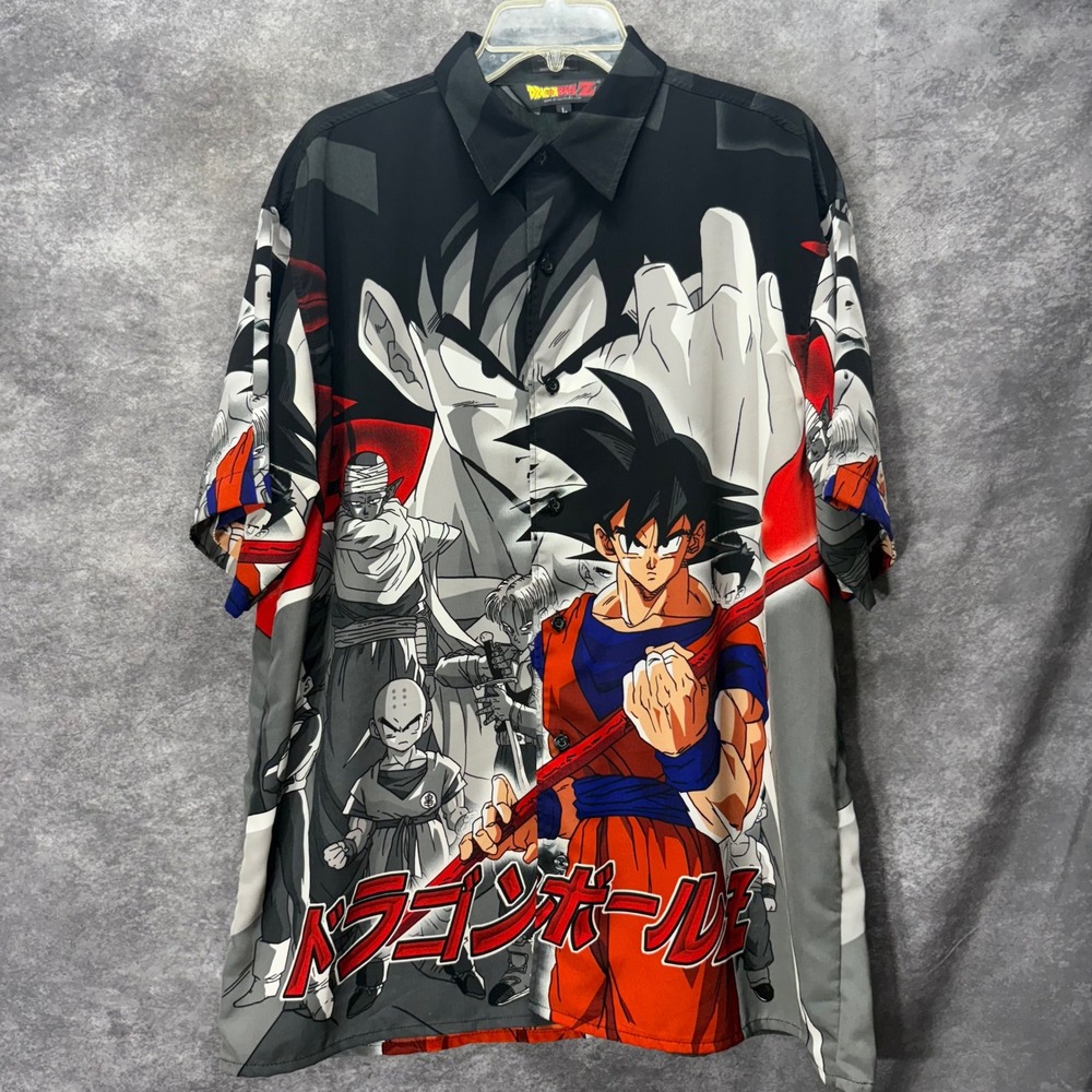 Y2K Dragon Ball Z Goku AOP Button Up Shirt Size L Anime Vegeta Krillin Trunks